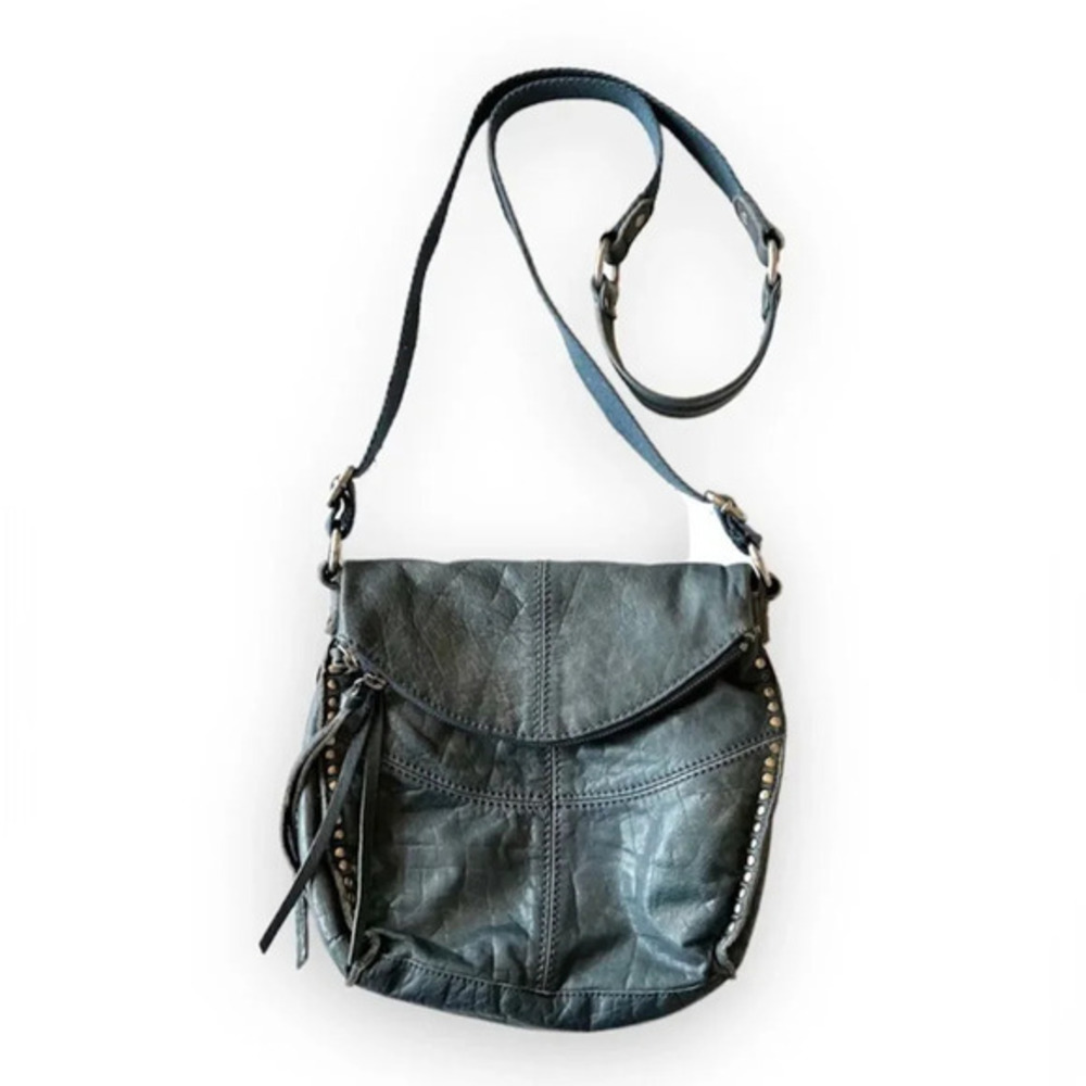 The Sak‎ Silverlake Gray Leather Flap Crossbody Rivets Tumbled Leather Boho Bag